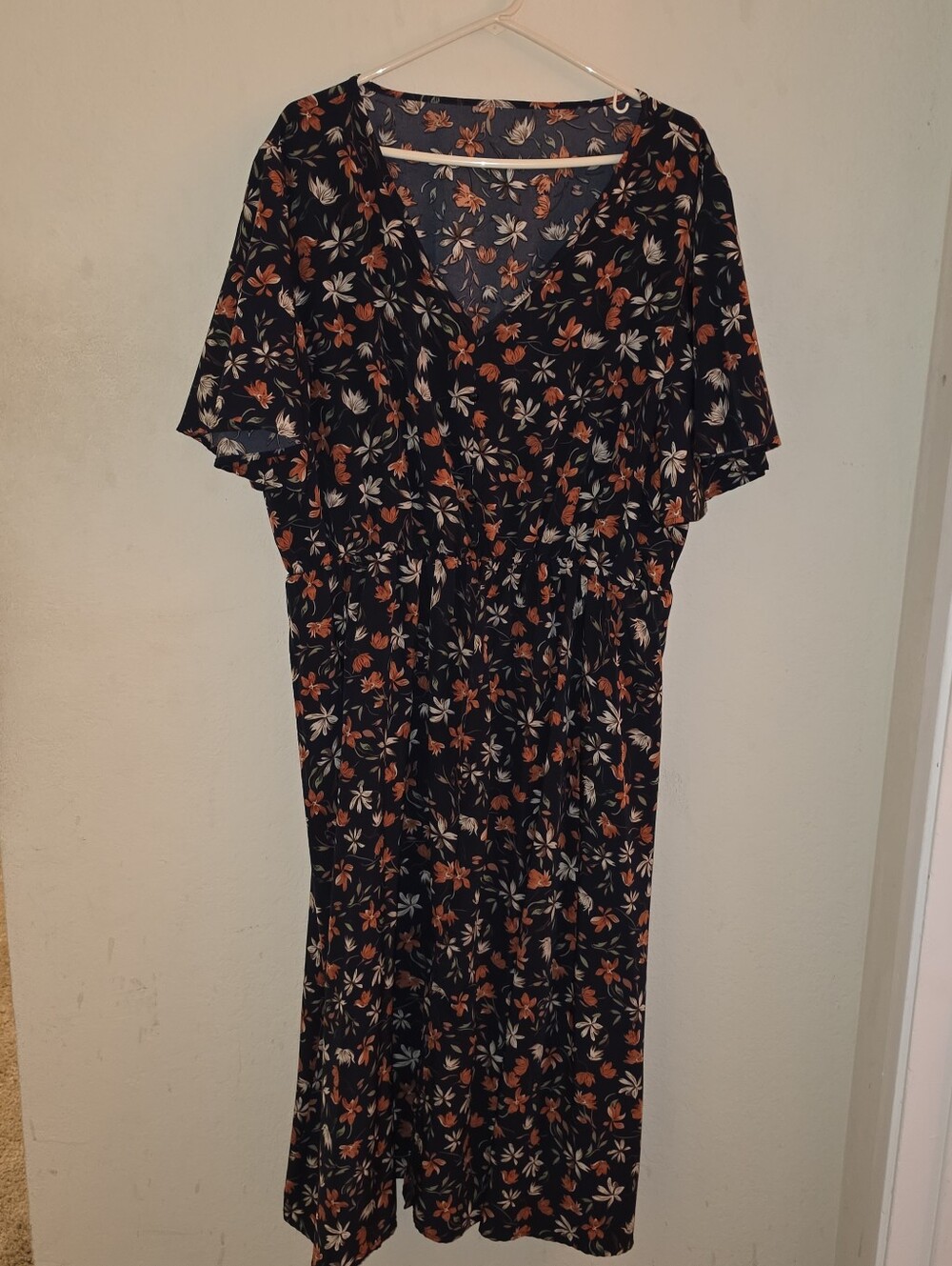 Floral V-Neck Midi Dress in Navy with Orange & White Flowers
